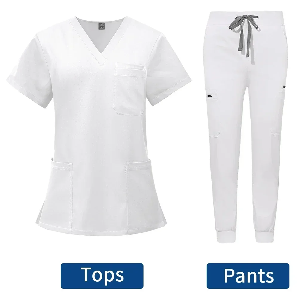 Uniforme de esfoliante com logotipo personalizável, conjunto de manga curta com decote em v + calças, uniforme de enfermagem feminino, médico de animais de estimação, roupa de trabalho médica