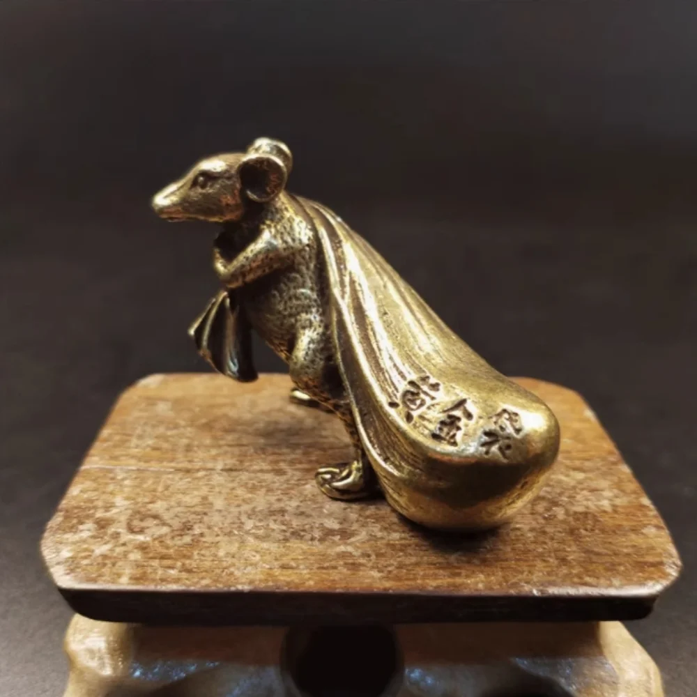 6 CM Chinese Zodiac Animal Rat Mouse Bring Wealth Sack Amulet sculpture Bronze