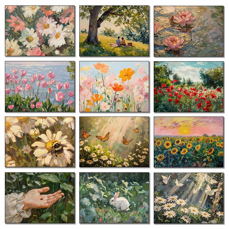 Frühlingsakademie Windblumen Gänseblümchen Tulpen Schmetterlinge Bienen Retro Poster Diamantmalerei Wandkunst Bilder Heimdekoration