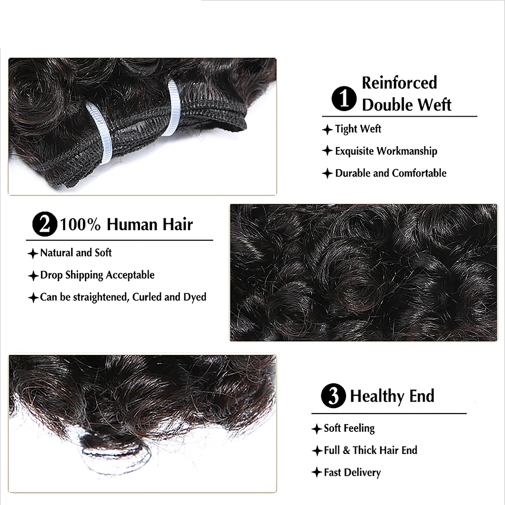 Curto Bouncy Curly Pacotes de Cabelo Humano, trama brasileira Bundle Cabelo, Deep Loose Wave Bundles, Cor Natural, 6 em 1, 3PCs