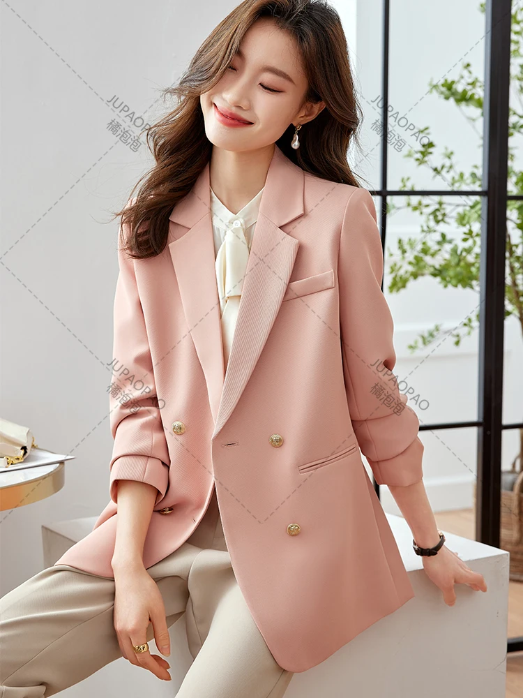 Women's Long Sleeve Double Breasted Loose Blazer, Ladies' Casual Jacket, Pink, Black, Coffee, Female Fashion, Autumn, Winter