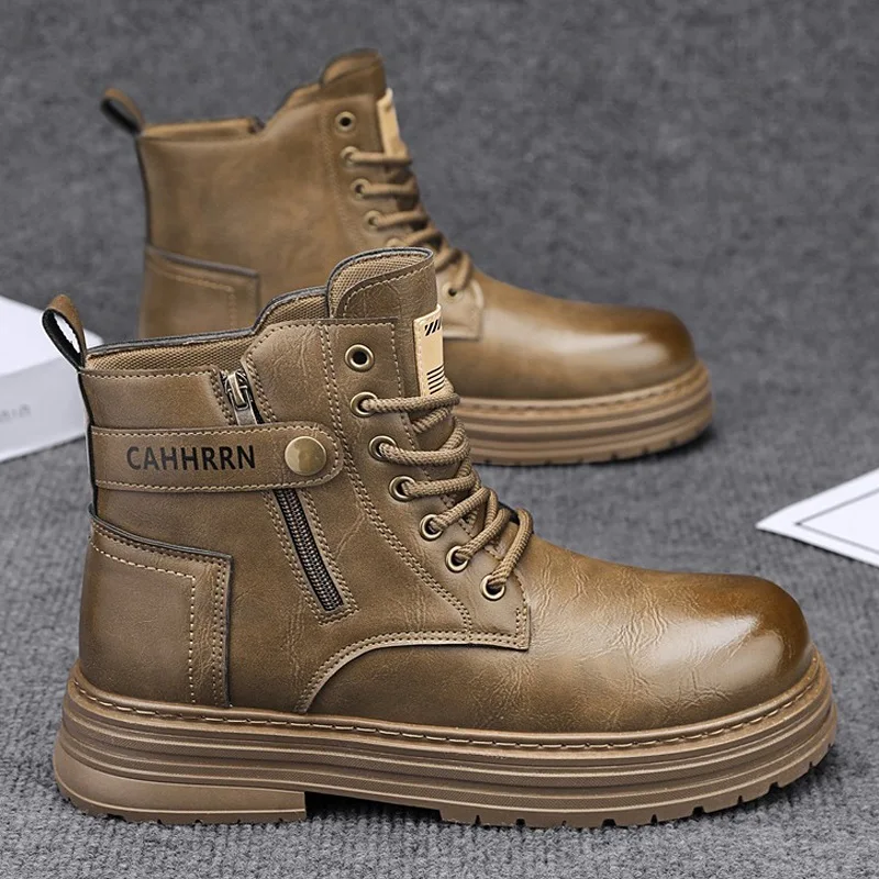 

Leather Combat Ankle Dress Boots Men Winter Plush Snow Boots All-match Men Fashionable Casual Shoes Classic Motorcycle Boots