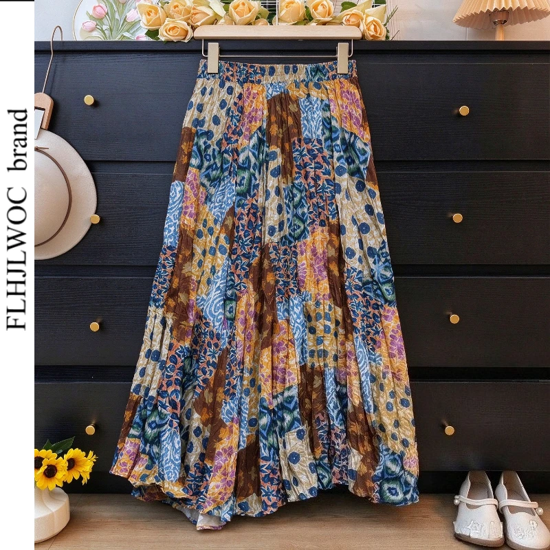 Women Countryside Vacation A Line Midi Skirt Retro Vintage Elastic High Waist Casual Long Maxi Skirt for Bohemian Beach Holiday