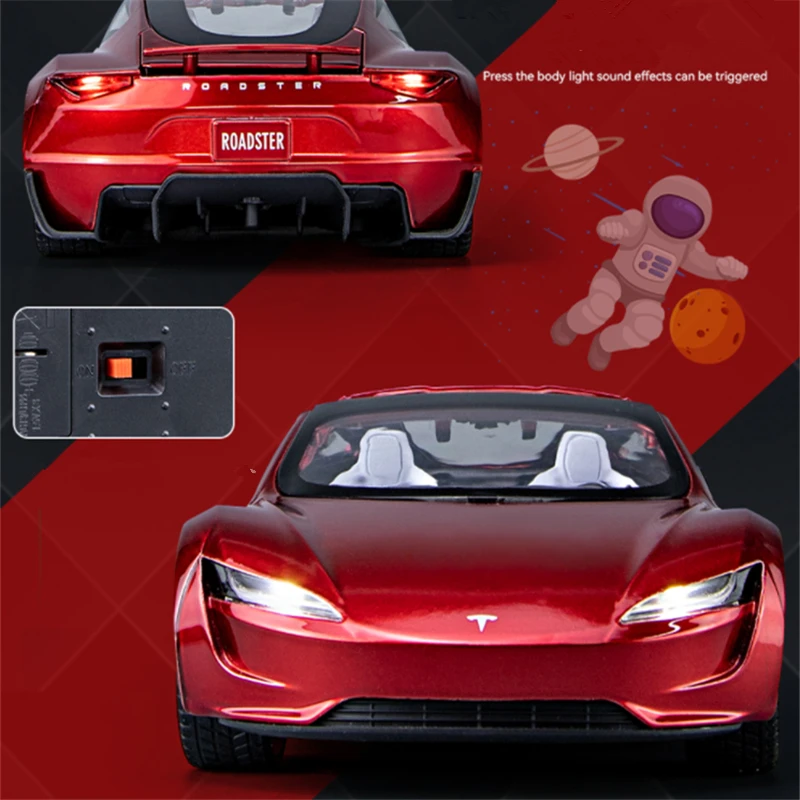 Tesla Roadster Super Car modelo de coche de aleación, volante, luz de sonido, coleccionables, juguete, regalo de cumpleaños, 1:24