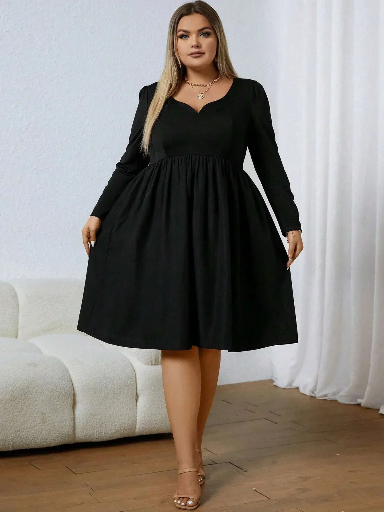 Plus Size 1XL-5XL Damska sukienka z długim rękawem i dekoltem w szpic w jednolitym kolorze bez nadruku