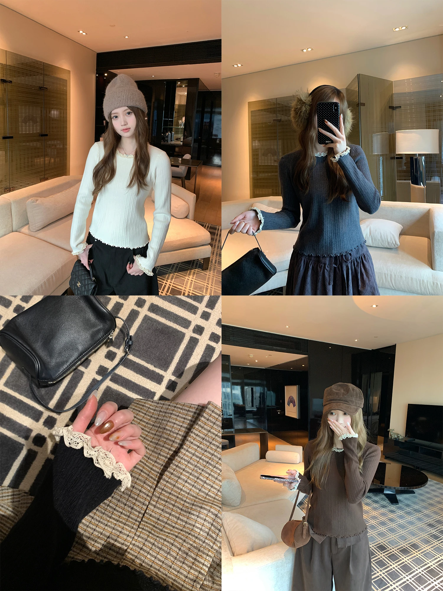 

Korean Sle Winter Lace Collar Knitted irt Single Wear Floral Long Sve ort Length Color round Ne Top for...