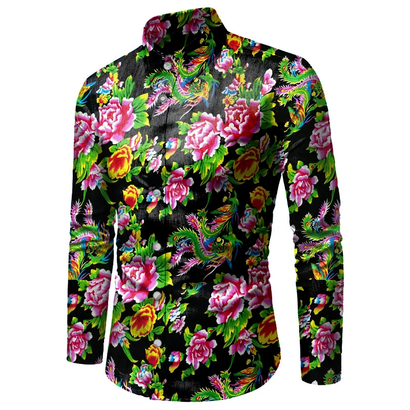 Introducing Eye-catching Shirt Subject Three Fashion Northeast Big Flower Pattern Men\'s Top Spring Autumn Leisure Hip Hop