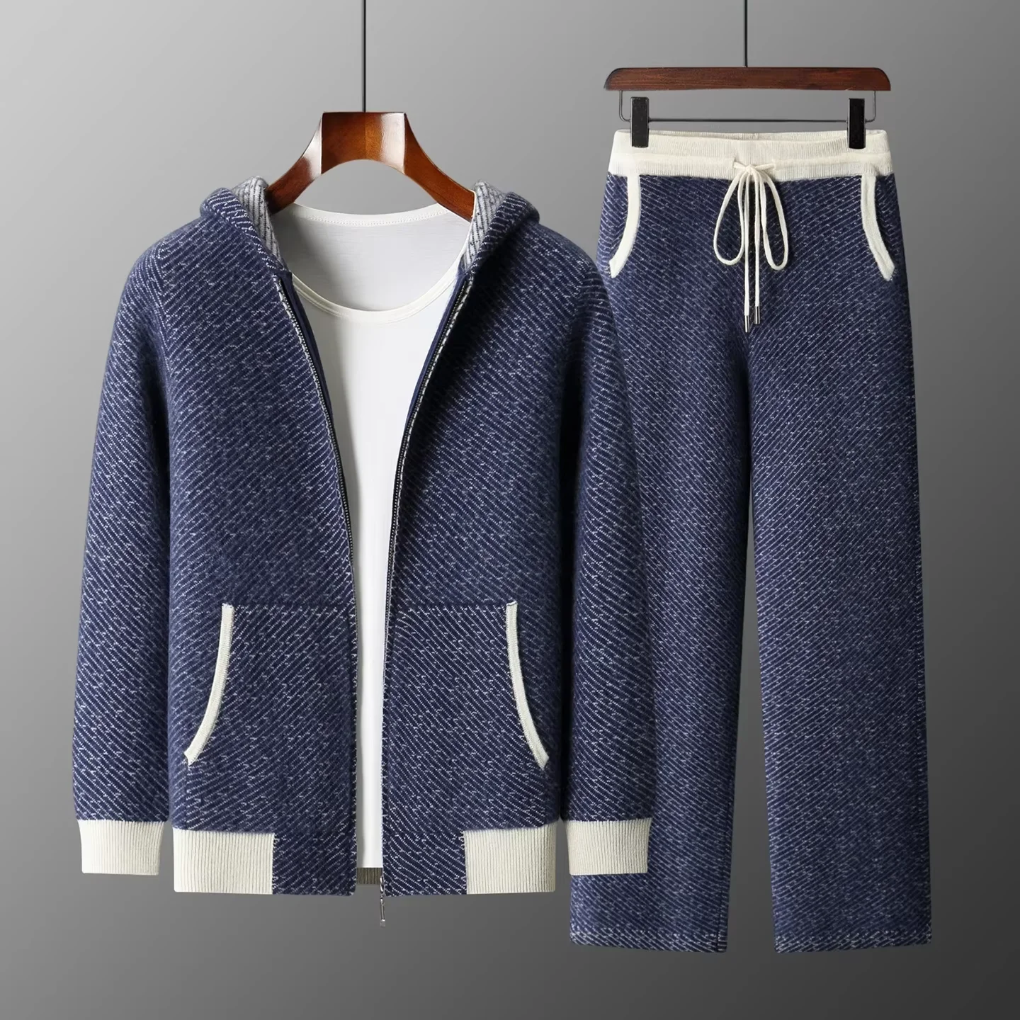 Autumn Winter New Men's Pure Wool Hooded Cardigan Jacquard Loose Casual Business Suit Zipper Solid Pattern Cashmere Knit Sweater