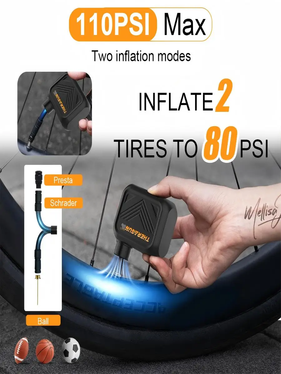 AliExpress THERAGUN Mini Portable Bicycle Pump Rechargeable Air Inflator 100PSI 5V Type-C Bike Accessories for Bike Schrader Presta Tires，U1Pro