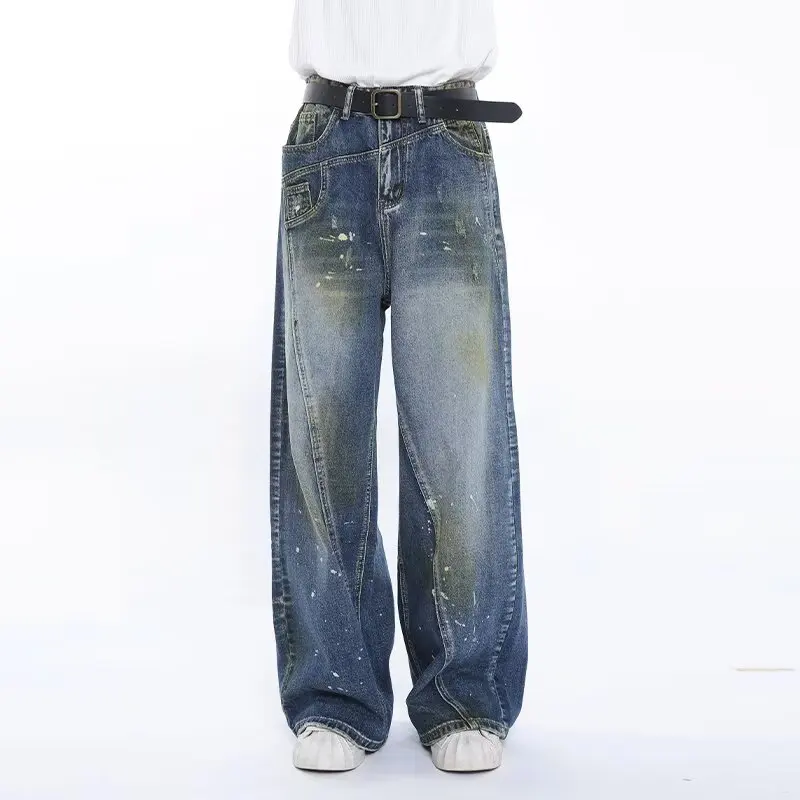 

Regular trendy brand personalized three-dimensional cutting and splicing jeans loose mid waist straight leg pants for men and w