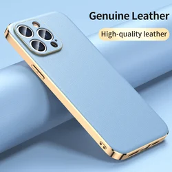Genuine Cowhide Leather Phone Case for iPhone 17 16 15 14 12 11 13 Pro Max 14 Plus Plating Shockproof Lens Protection Back Cover