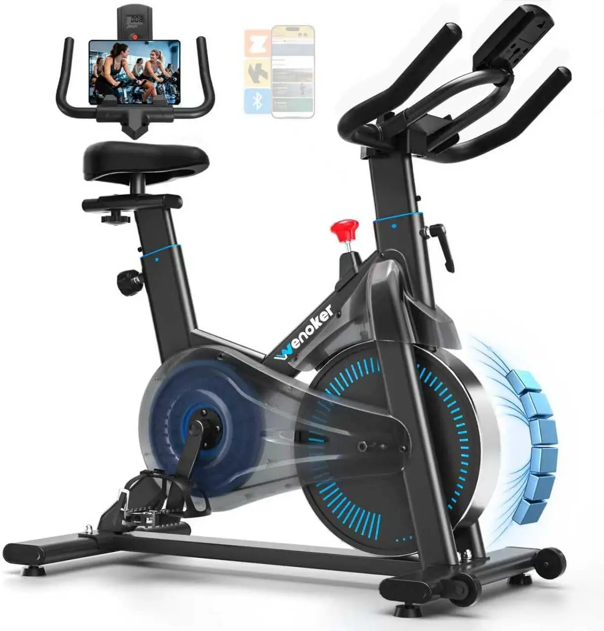 

Magnetic Stationary Exercise Bike for Home, Adjustable Seat & Handlebar, Transport Wheels, Fitness Courses for Weight Loss
