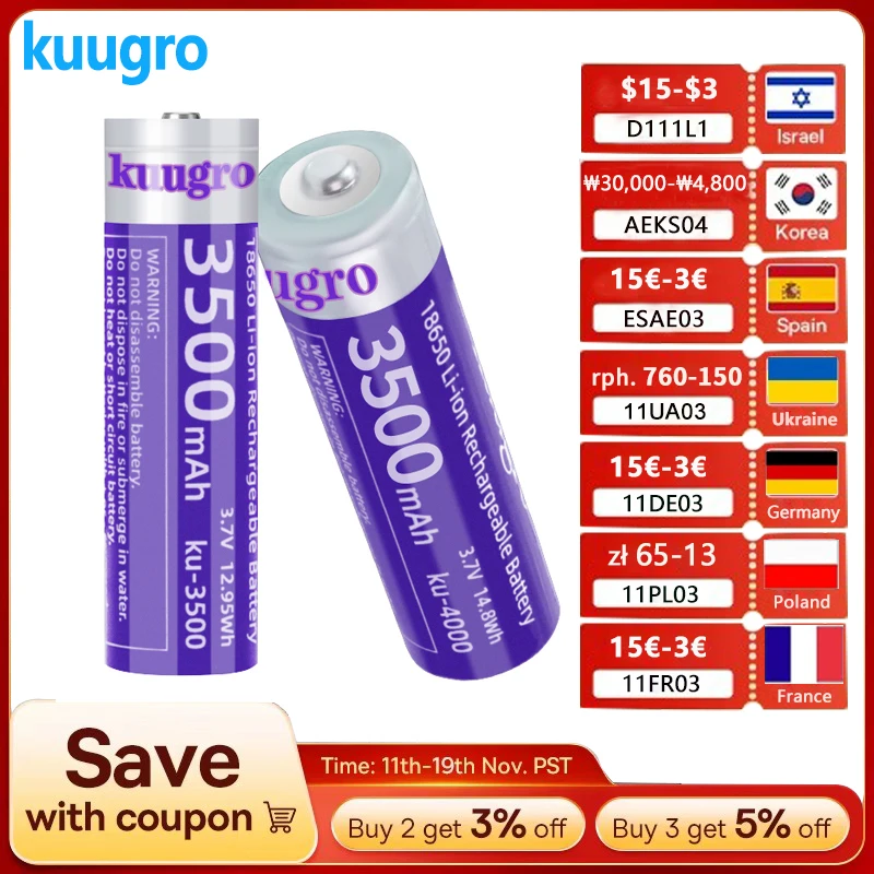 

Kuugro Pointed 18650 3500mAh Lithium Battery 3.7V 12A High-rate discharge For Strong light flashlights Headlights