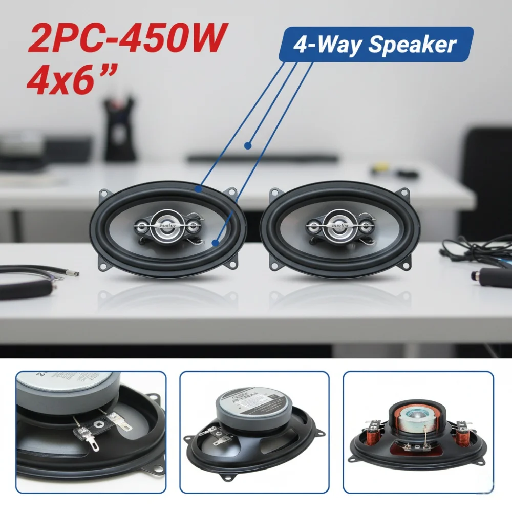 2-Pack 4x6 inch Car High-Fidelity Speakers, 12V 450W Maximum Power, 4-Way Speaker with Buzzer Tweeter For Car Auto Audio Upgrade