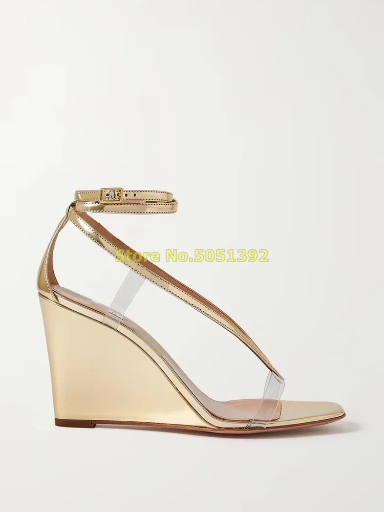 PVC-trimmed Mirrored-leather Wedge Sandals Round Toe Ankle Strap Clear PVC Gold Fashion 2024 Summer Sandals New Arrivals Shoes