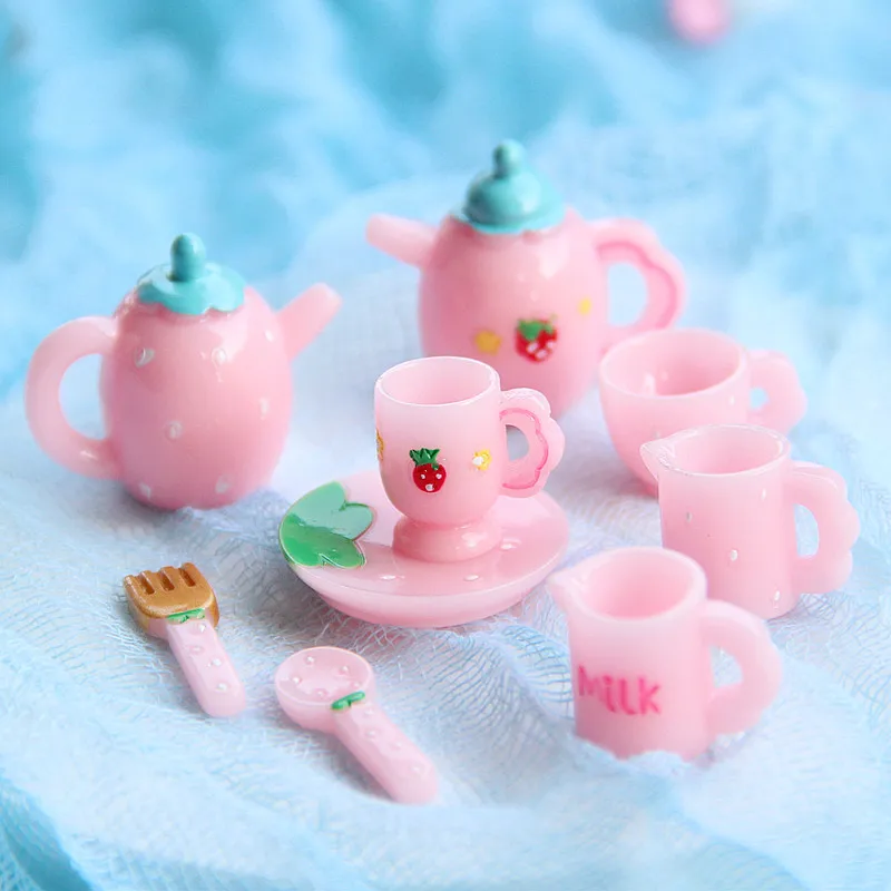 Pink Tea Set Miniature Figurine Cup Plate Teapot Knife Fork Simulated Model Home Decor Fairy Garden Decoration DIY Accessories - view 5