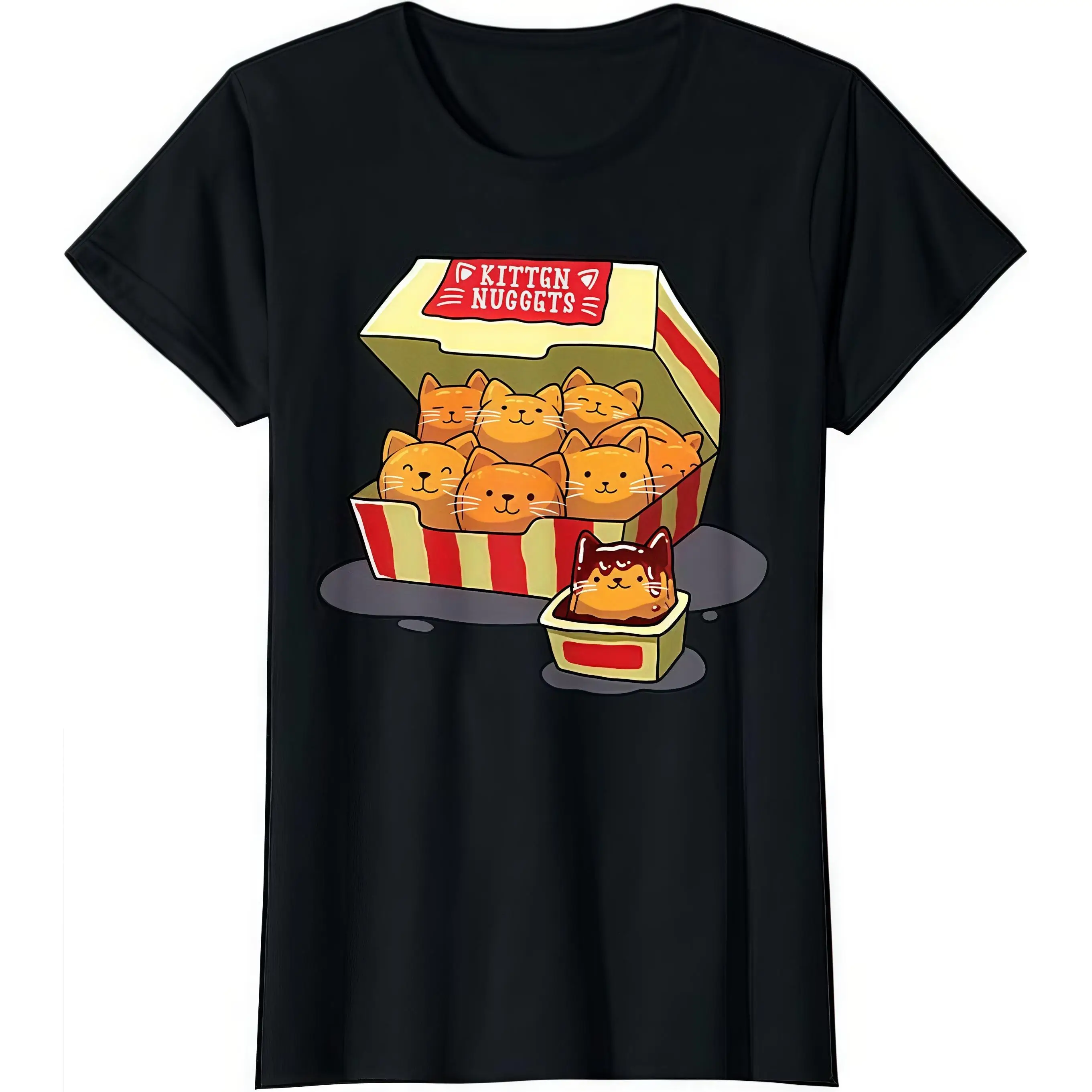 

Women's Funny Kitten Nuggets Graphic T-shirt Cute Cat Lover Top Loose Crew Neck Summer Animal Joke Tee