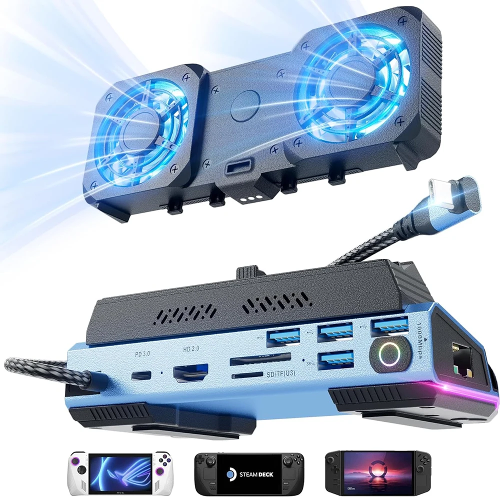 

Steam Deck OLED & ROG Ally X 10-в-1, съемные двойные охлаждающие вентиляторы, 4K при 60 Гц, 4 порта USB, зарядка PD 100 Вт, порт Gigabit Ethernet