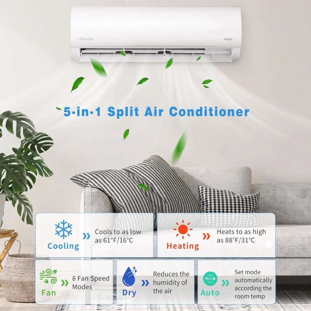 9000BTU Mini Split Air Conditioner Bezkanałowa pompa ciepła z falownikiem, 208-230 V 19 SEER2, chłodnica do 450 mkw. Ft, z zestawem montażowym