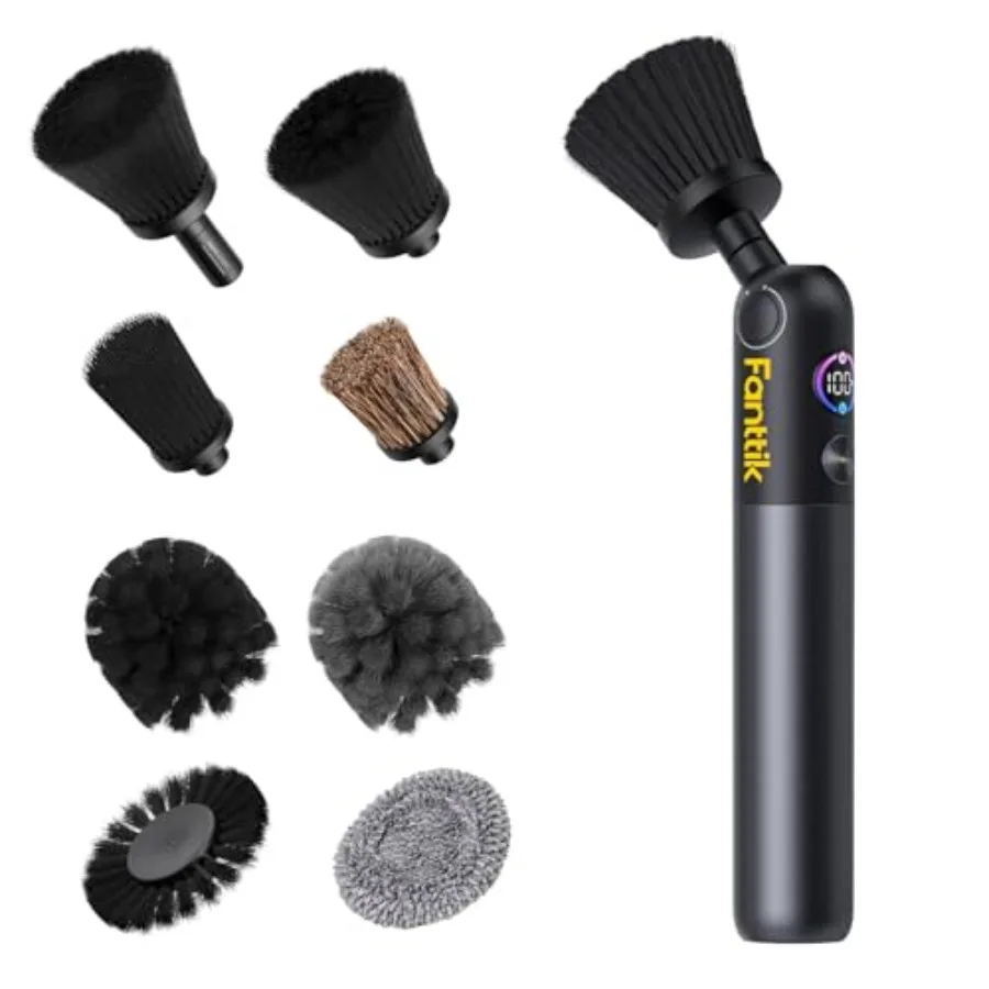 

Car interior detailing brush for cordless electric use, nylon bristles, black, dual-speed control with smart display and IPX7 w