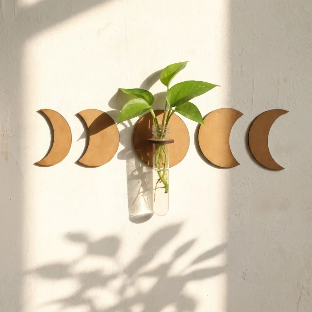 Water Plant Tube Stand Wooden Wall Mounted Planter Vase Moon Shape Wall Decoration Home Ornaments