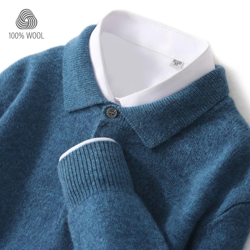

Мужской пуловер на пуговицах с воротником-поло из 100% чистой шерсти, свободная повседневная однотонная шерстяная трикотажная базовая рубашка, осень-зима