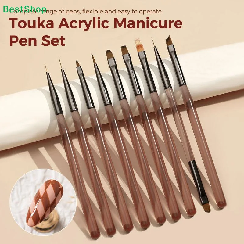 〔Y〕9Pcs Semi-transparent Acrylic Nail Art Brush Set Multi Types Gel Liner Sweep Ombre Gradient Flower Drawing Pen Manicure Tools