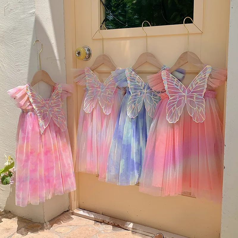 Girls Casual Dresses Colorful Wing Mesh Girl Princess Dress Slip Dress Summer Style Fly-sleeve Children's Dress Kids Dresses