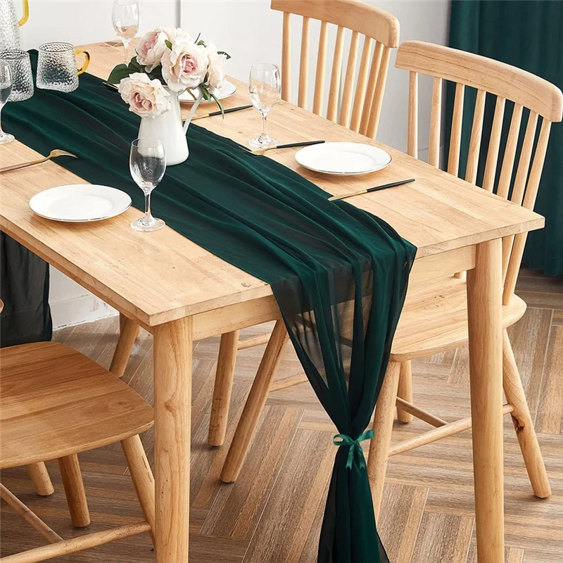 Toalha de mesa de gaze 30x300cm, decoração de mesa para festas românticas, toalha de mesa de chiffon verde escuro