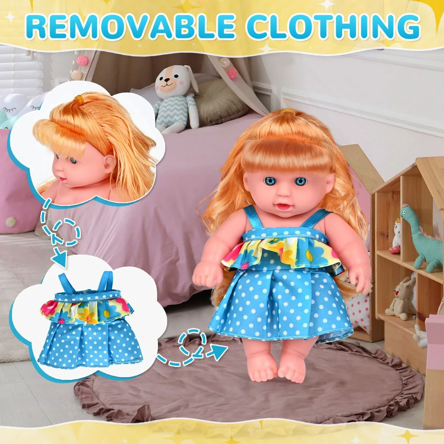 Golden Haired Princess Doll | Polka Dot Skirt & Flower Top | Soft Rubber Skin-Friendly Baby Doll for Family Play & Role-Play (Ch