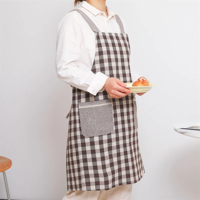 Cotton Plaid Kitchen Apron with Pockets for Women and Men Japanese Korean Style Dustproof Pinafore for Cooking Cleaning Baking