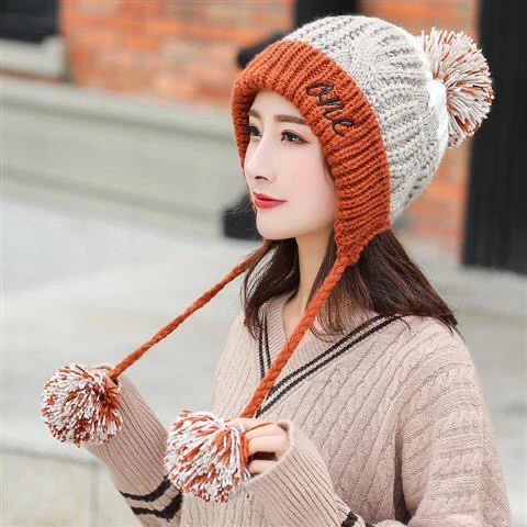 Hat Women Winter Korean Version Thickened Warm Fashion Ear Protection Girl Lovely  Ball Knitting Fluffy Color Matching Khaki