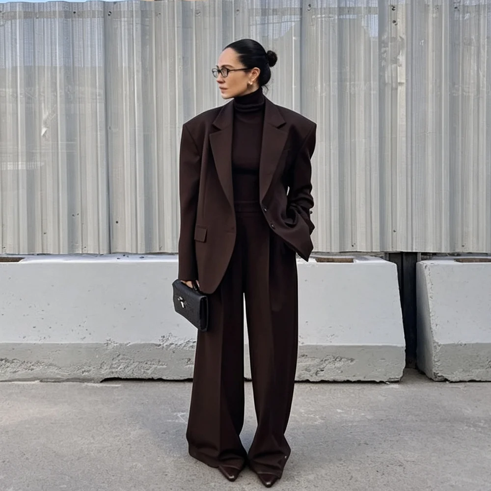 High Quality Brown Casual Women's Suits 2 Piece Jacket+Wide-leg Pants Sets Single Breasted Peak Lapel Female Suit Customized