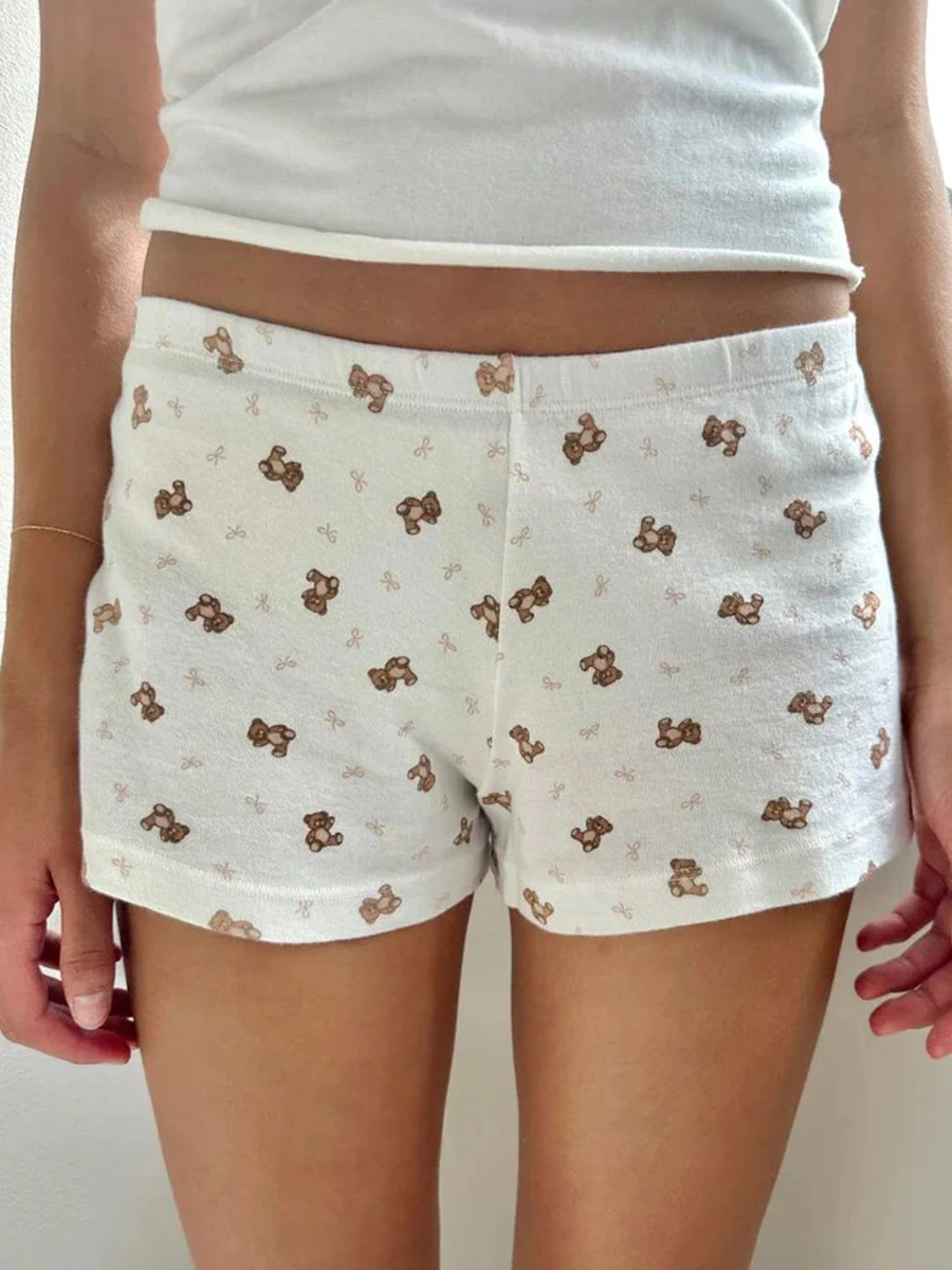 

Little Bear Bow Print Straight Shorts Woman Summer Elastic Waist Sweatshorts Casual Sweet Cute Cotton Shorts Home Underwear Y2k