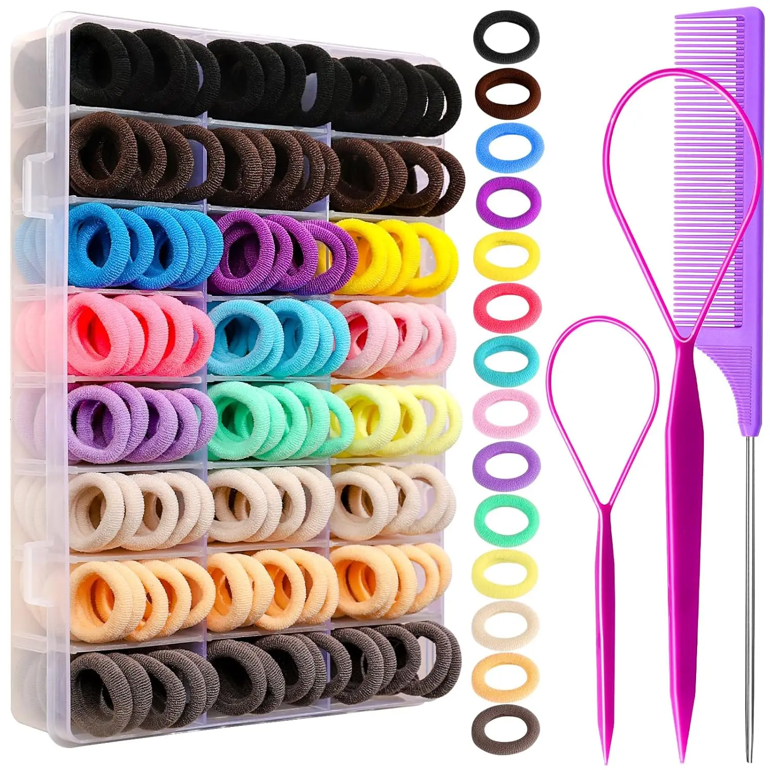 

280 PCS Baby Hair Ties for Toddlers - Soft Seamless Cotton Elastic Bands with Organizer Box and Styling Tools