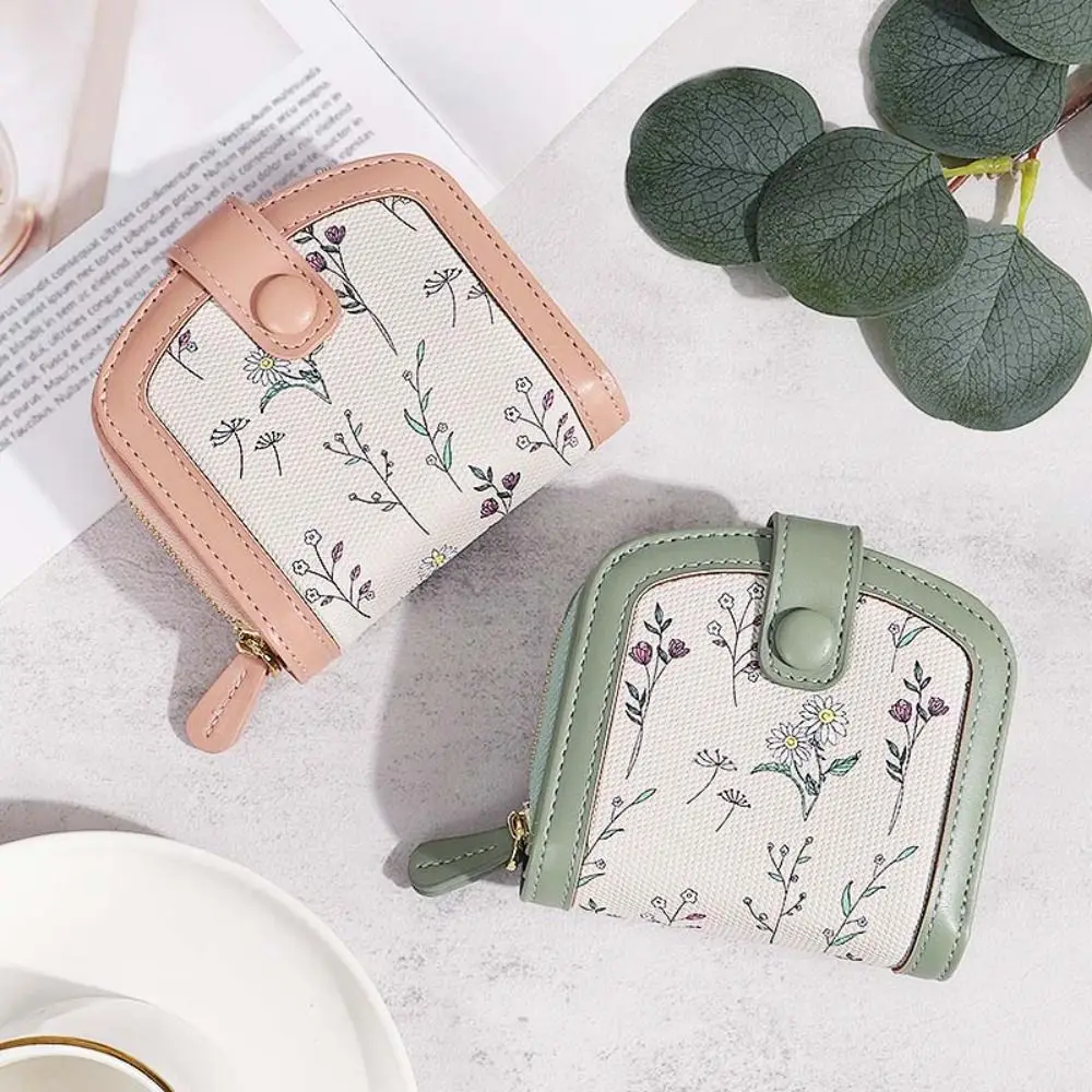 

Floral Print Mini Coin Purse Bag Multi Function ID Credit Card PU Leather Short Wallet Small Zipper Pouch Card Holder Travel
