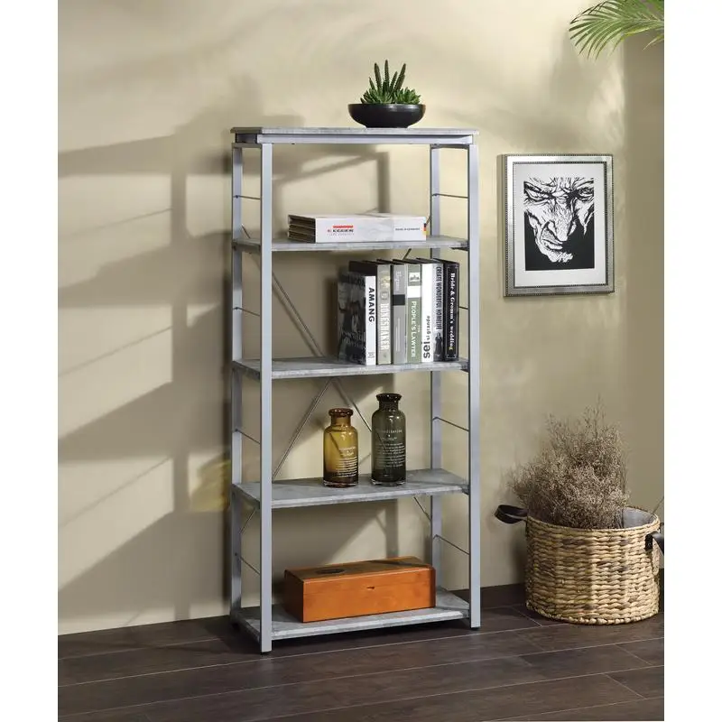 

Concrete and Silver Finish Bookshelf - Modern Industrial Design with Sturdy Storage and Display Spaces for Home or Office,