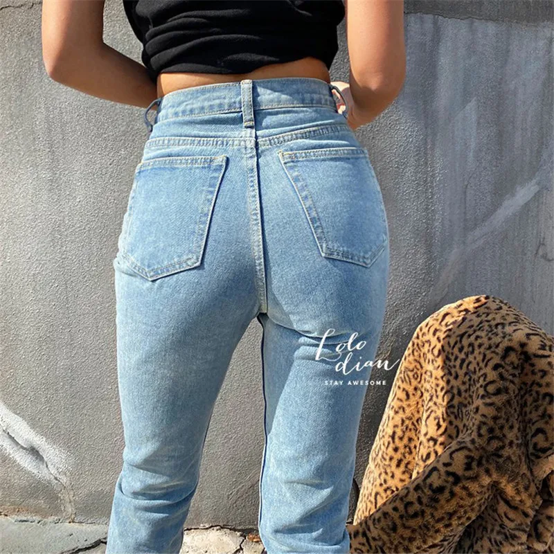 Women Washed Light Blue High Waist Jeans Classic Vintage Mom Style Denim pants Boyfriend Jeans Pants Femme