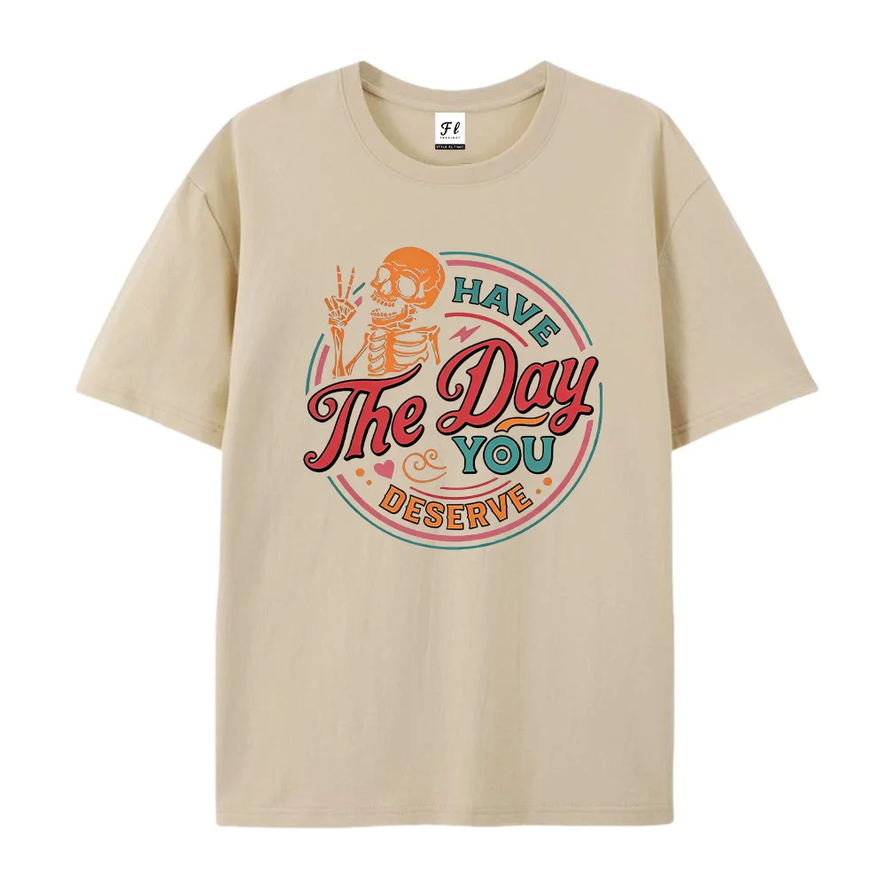 Women T Shirt Skull Peace Sign Graphic Tees Short Sleeve Have The Day You Deserve Vintage Letter Print Cotton Loose Daily Tops