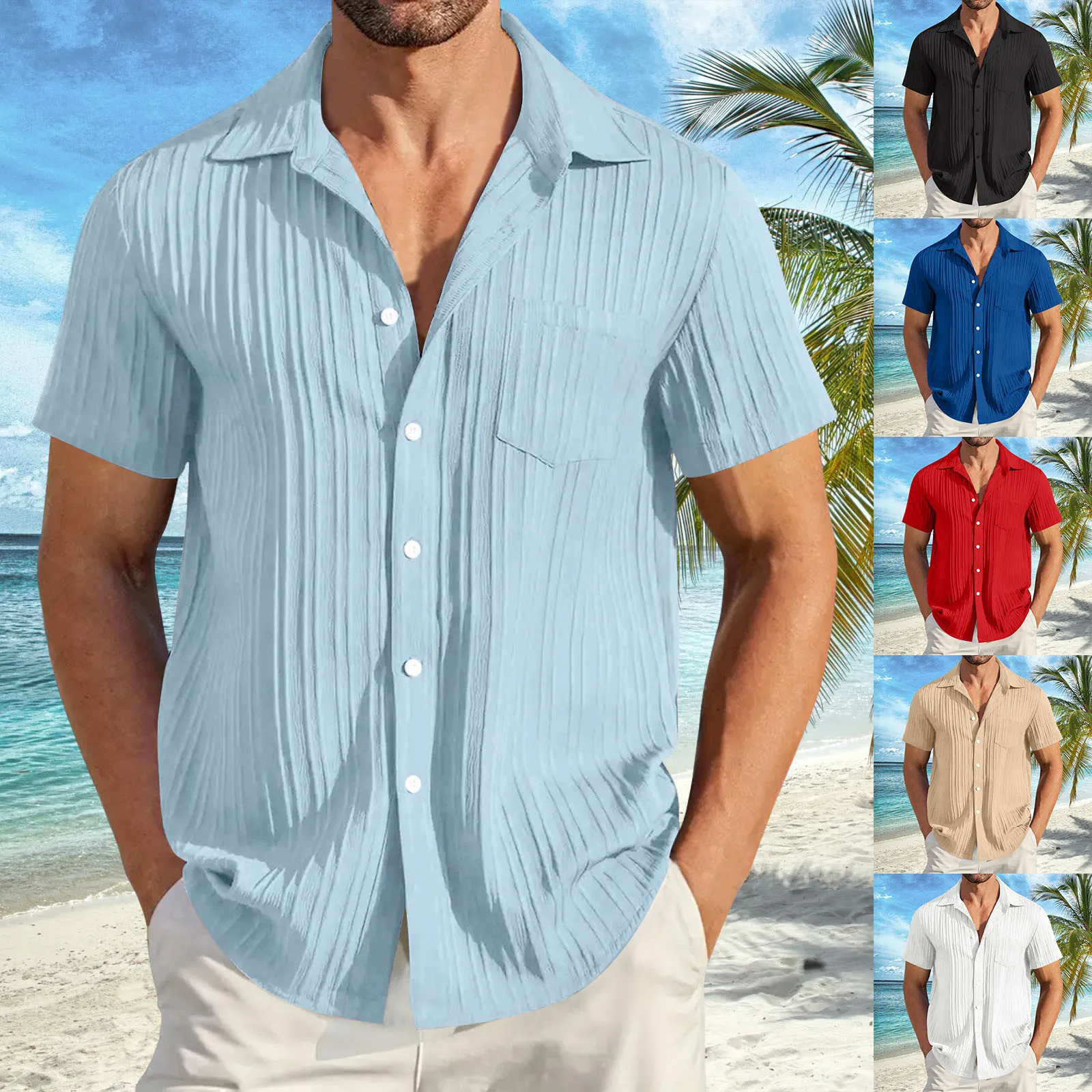 

Men's Beach Short-Sleeved Shirt - Summer Casual Solid Stripe Hawaiian Party Resort Shirt - Fashionable Casual Men's Clothing
