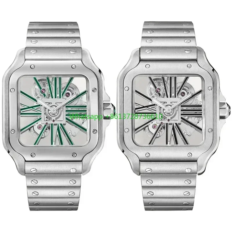 ساعات رجالي فاخرة لعام 2029 هيكل عظمي Vk حركة كوارتز ساعات مربعة مزدوجة الجوانب 904L حزام من الفولاذ المقاوم للصدأ Montre De Luxe