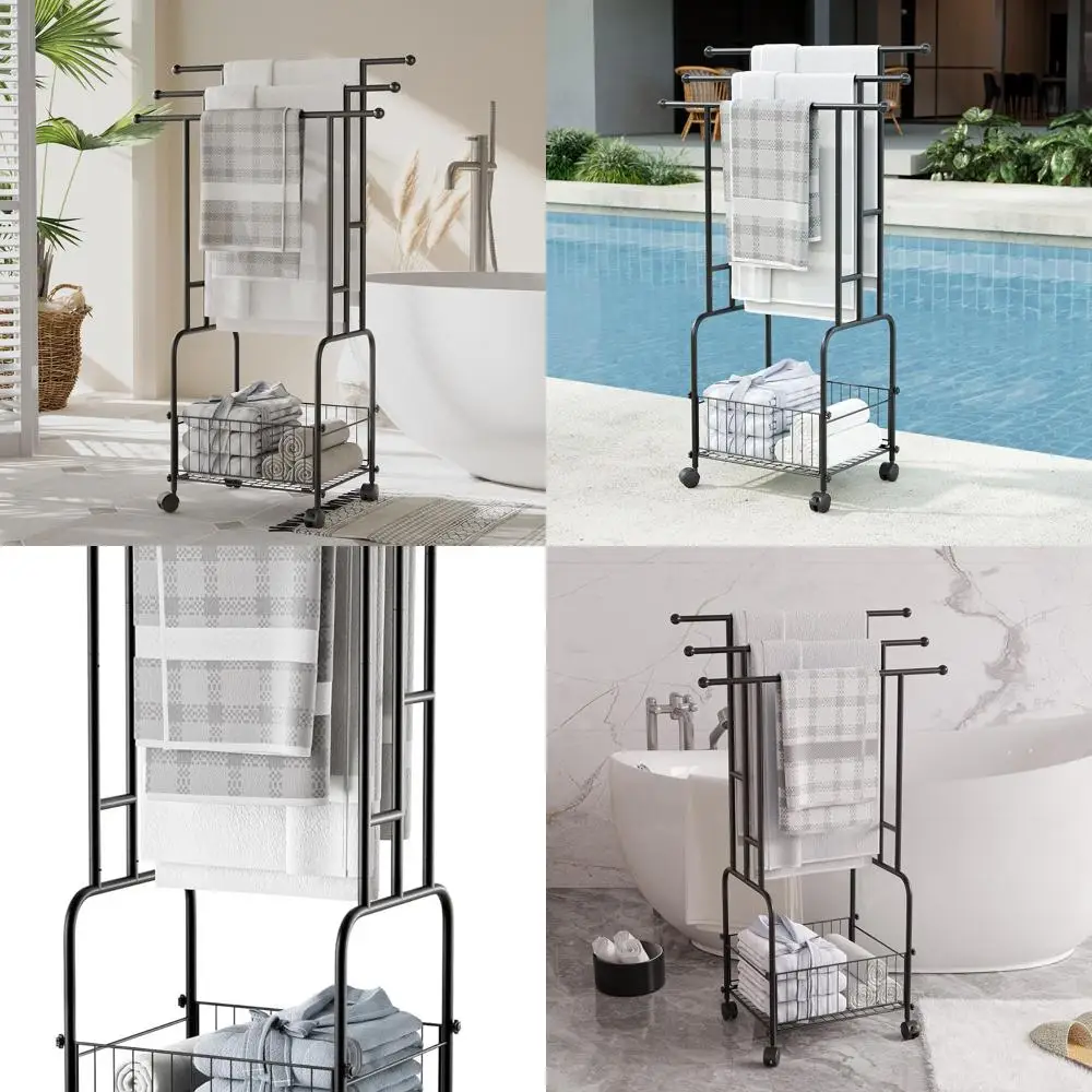 

3-Tier 42 High Black Metal Towel Stand with Wheels and Basket, Portable Indoor/Outdoor Rack for Bath Towels and Blankets