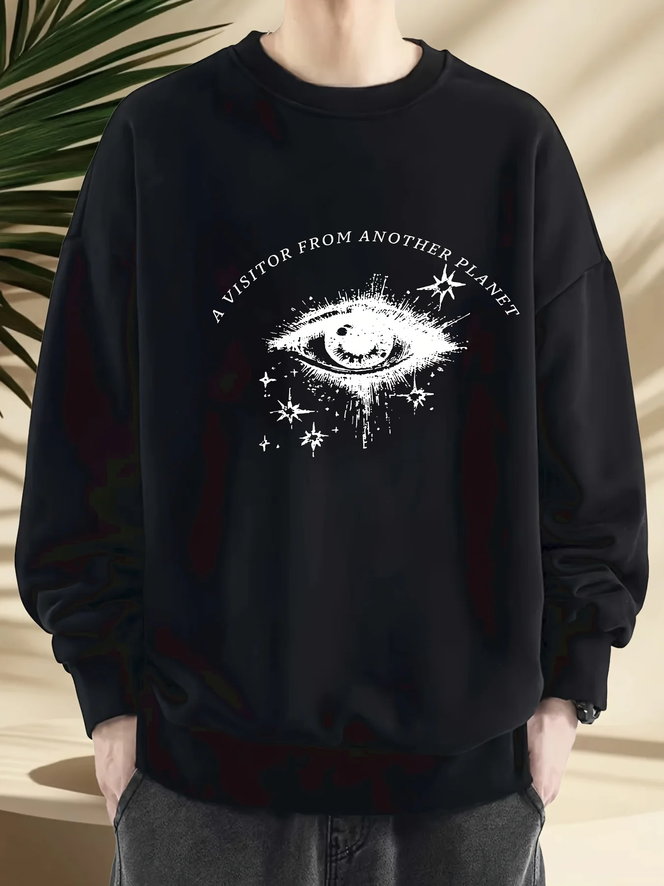 

Men's thick beige hoodie with eye pattern loose pullover, warm thick round-neck sweater