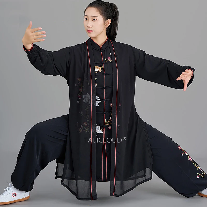 Luxe Black Tai Chi Suits Women's Pearl Satin Kung Fu Uniform Shadow Embroidery Fluid Drape for Martial Arts Elegance (New Design