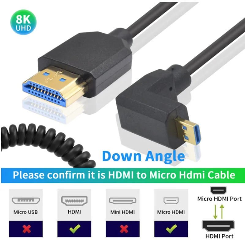 For Computer TV Digital Camera 1.2m HD 8k@60hz 90 Degree Angle Micro HDMI-Compatible to HDMI-Compatible Coiled Cable HDTV-2.1