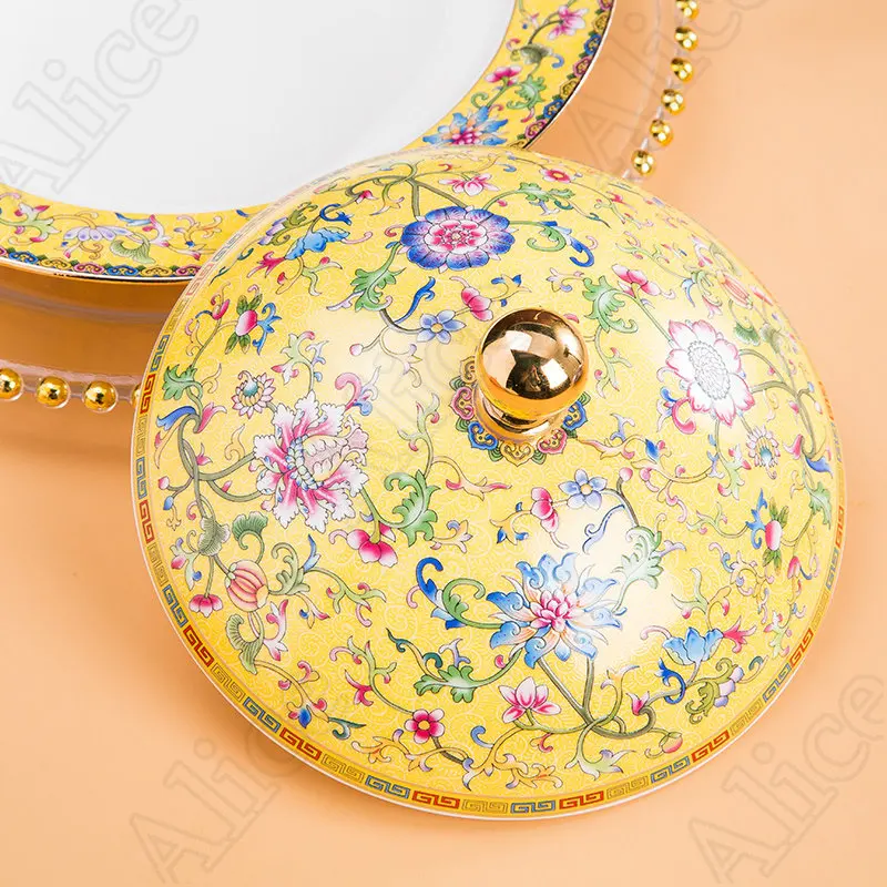 Jingdezhen Enamel Color Ceramic Plate with Lid Chinese Style Embossed Texture Dinner Plates Upscale Hotels Gold Stroke Tableware