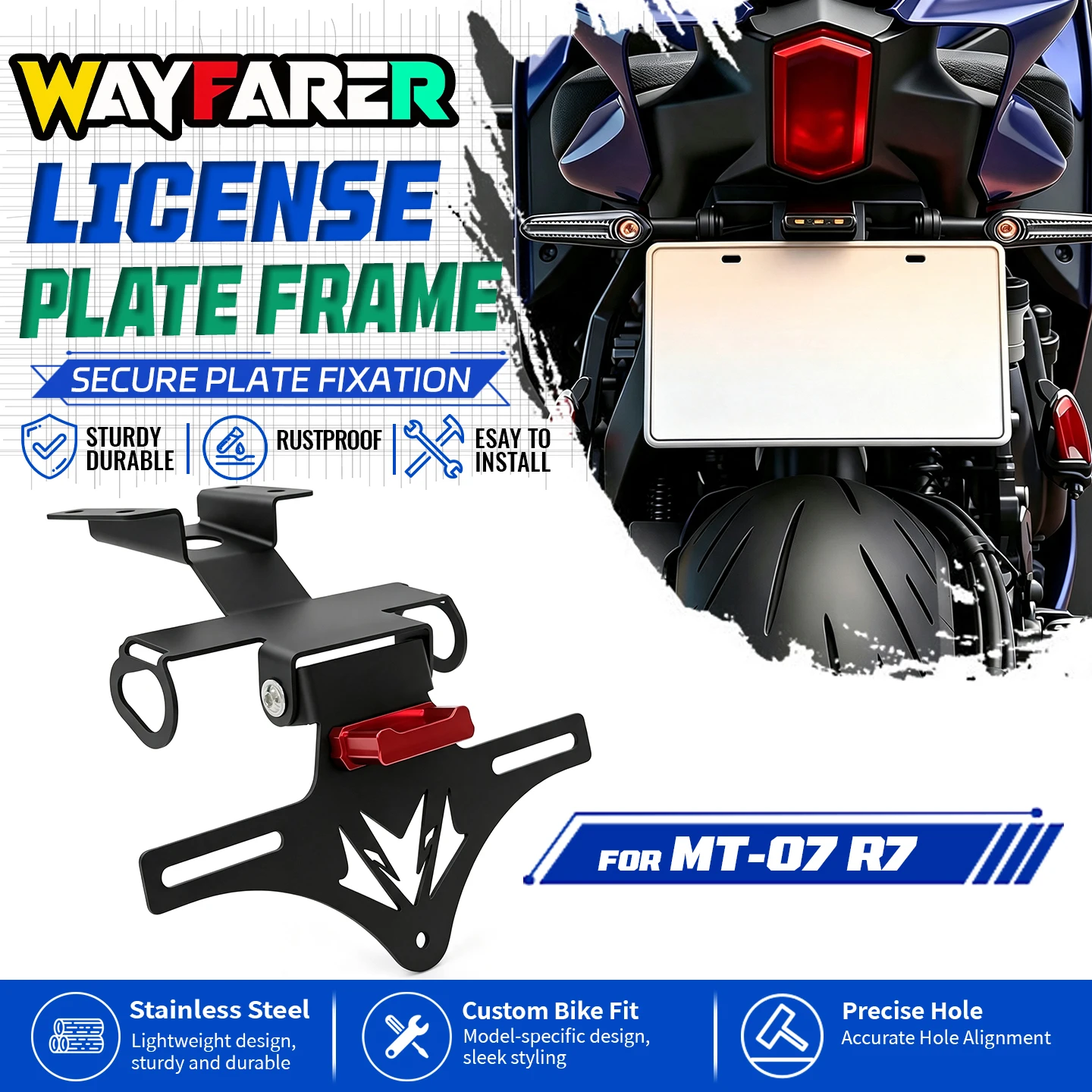Motorcycle Rear Foldable License Plate Holder For MT07 MT-07 R7 2021-2024 Hidden Tail Tidy Fender Eliminator Mount Accessories
