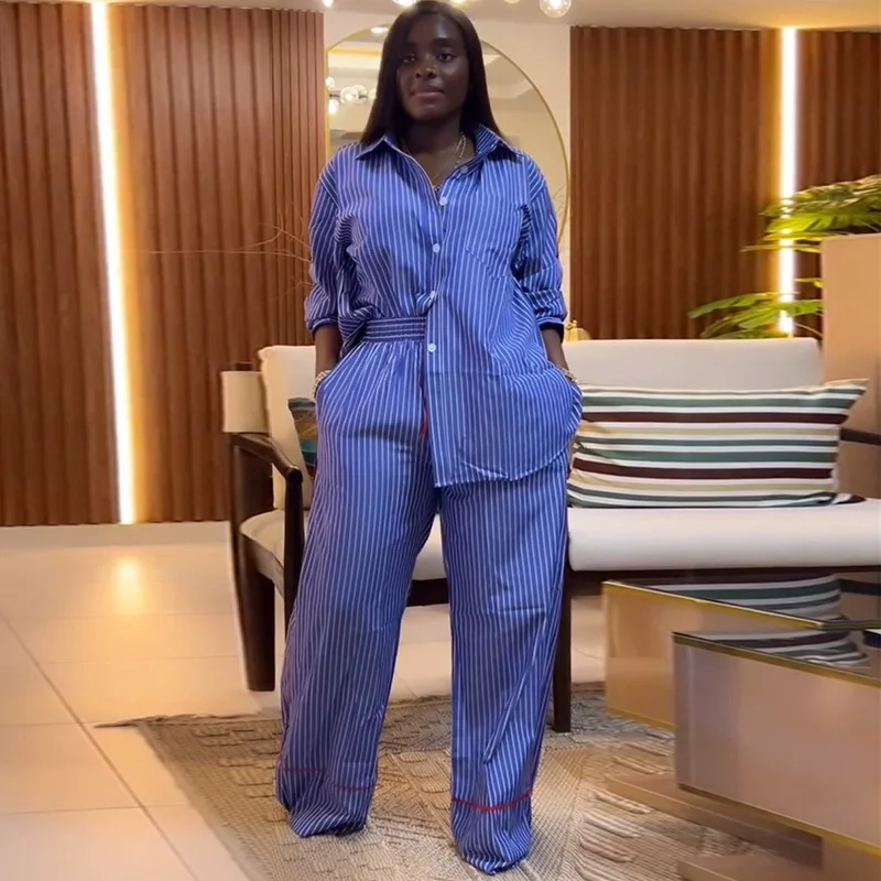 

Летняя рубашка, топы, женская модная полосатая рубашка на пуговицах с длинным рукавом, широкие брюки, повседневный комплект, комплекты из 2 предметов, наряды