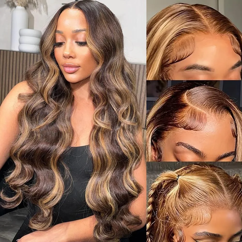 46 Inch Honey Blonde Ombre  Body Wave Lace Front Wig Human Hair Pre Plucked 200 Density 13X6 HD Lace Frontal Wig for Women 4/27