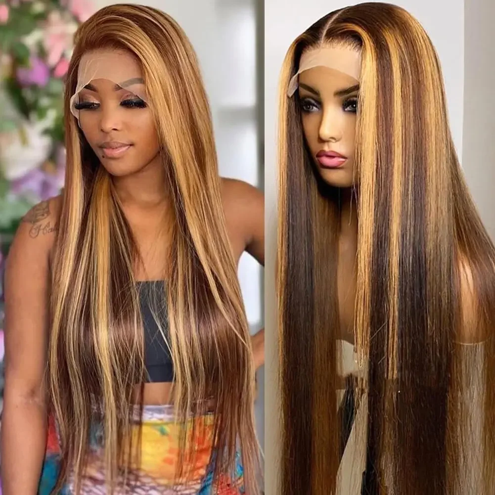 P4/27 Colored 200 Density 13x4 13x6 HD Transparen Full Frontal Lace Straight Frontal Preplucked Lace Human Hair Wigs 46 Inch